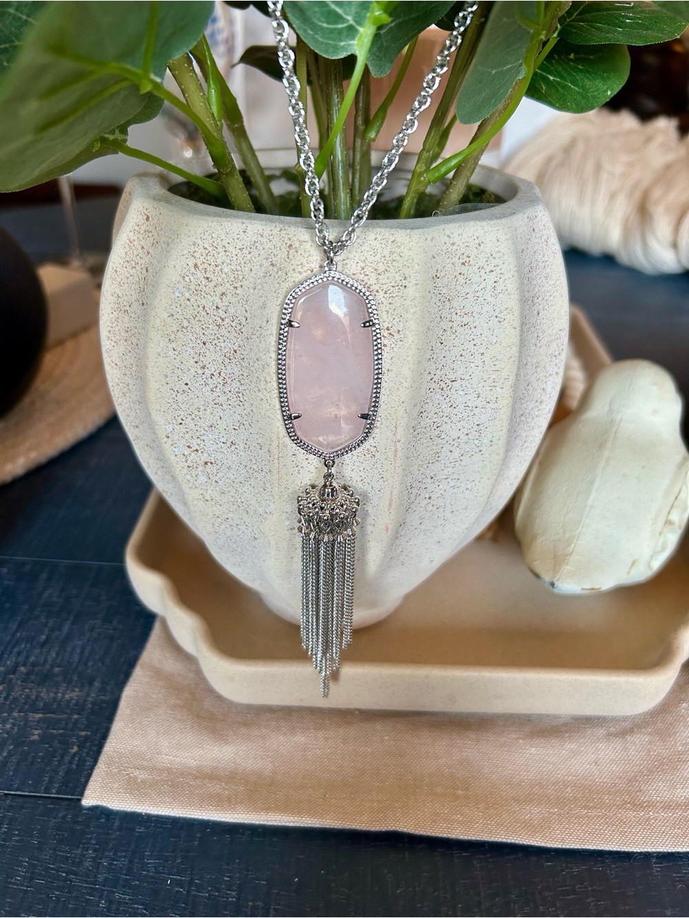 New condition - Kendra Silver Chain Necklace with Pink Stone Pendant and Tassel